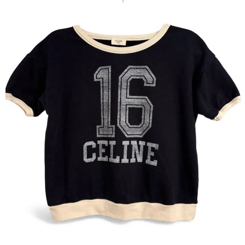 Celine Deep Blue Cotton Cashmere Crewneck Short-Sleeve Shirt "16" Logo - Picture 1 of 7